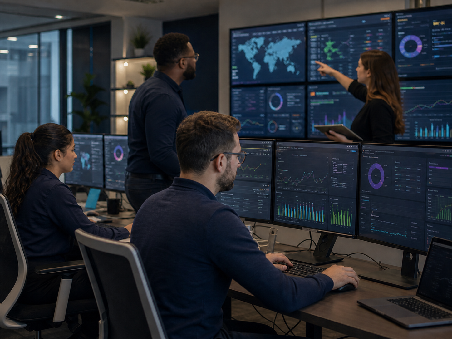 Equipe de especialistas monitorando a infraestrutura de TI de empresas